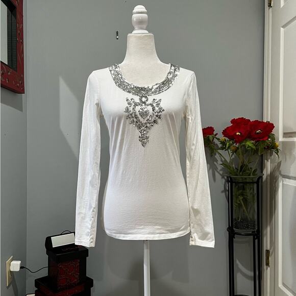 NEW INC Cotton Sequin Heart & Crown Bling Long Sleeve Scoop Neck T-Shirt M NWOT - Picture 1 of 16